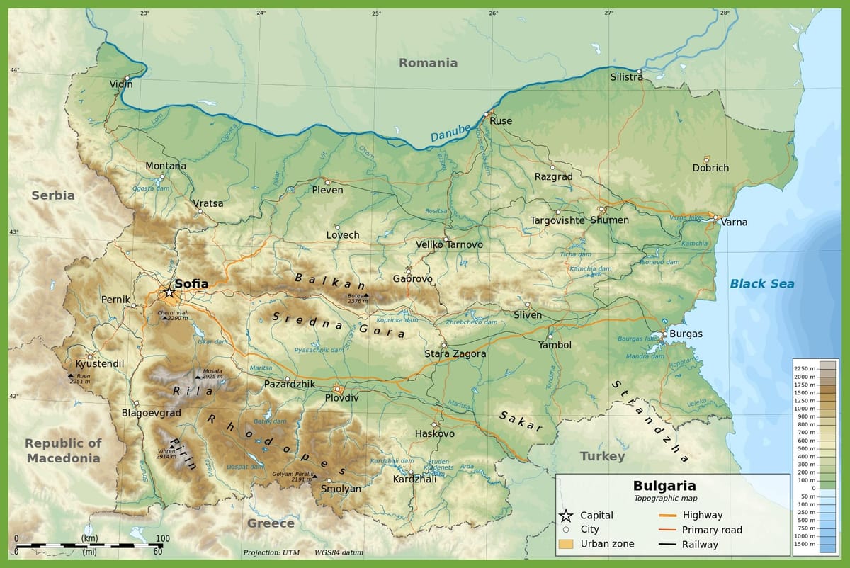 Bulgária mapa topográfico